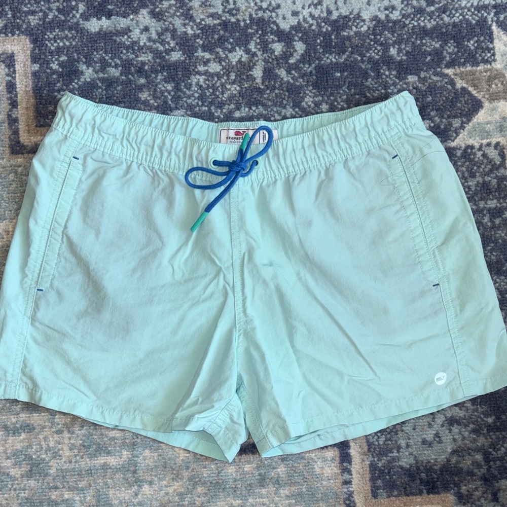 Light Mint Swim Shorts with Blue Drawstring